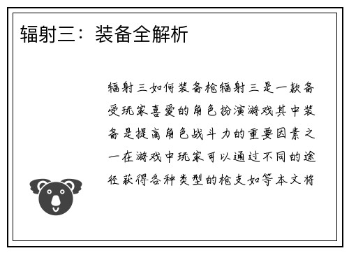 辐射三：装备全解析