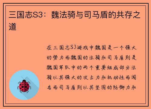 三国志S3：魏法骑与司马盾的共存之道