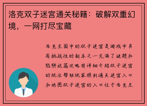 洛克双子迷宫通关秘籍：破解双重幻境，一网打尽宝藏