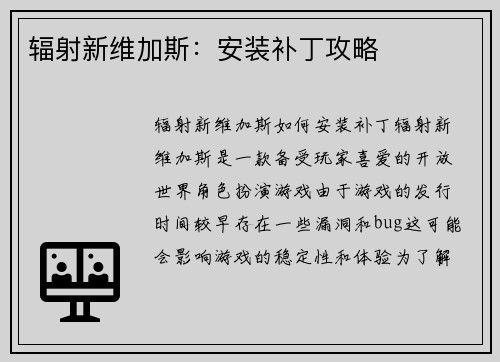 辐射新维加斯：安装补丁攻略