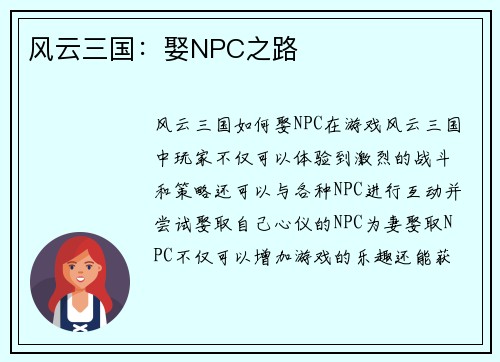 风云三国：娶NPC之路